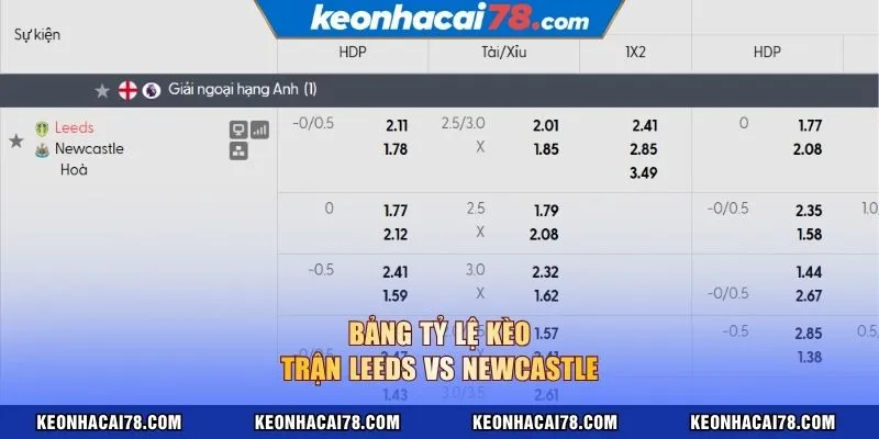 Bảng tỷ lệ kèo trận Leeds vs Newcastle